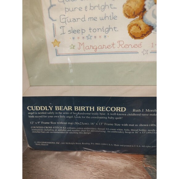 Dimensions Sunset Counted Cross Stitch Kit Cuddly Bear Birth Record  13591 Vtg - Picture 7 of 10